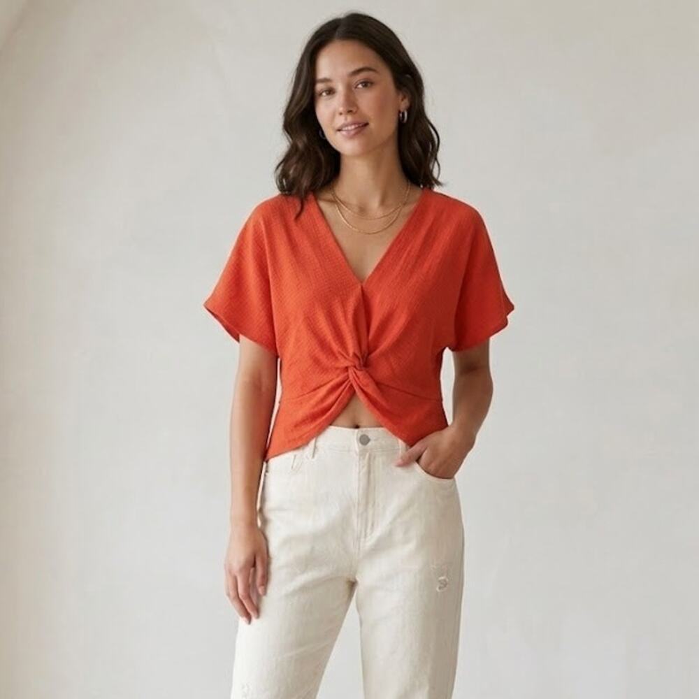 Zara Knotted Crepe Twist-Front Cropped Top Cross Over Orange Women's Size S